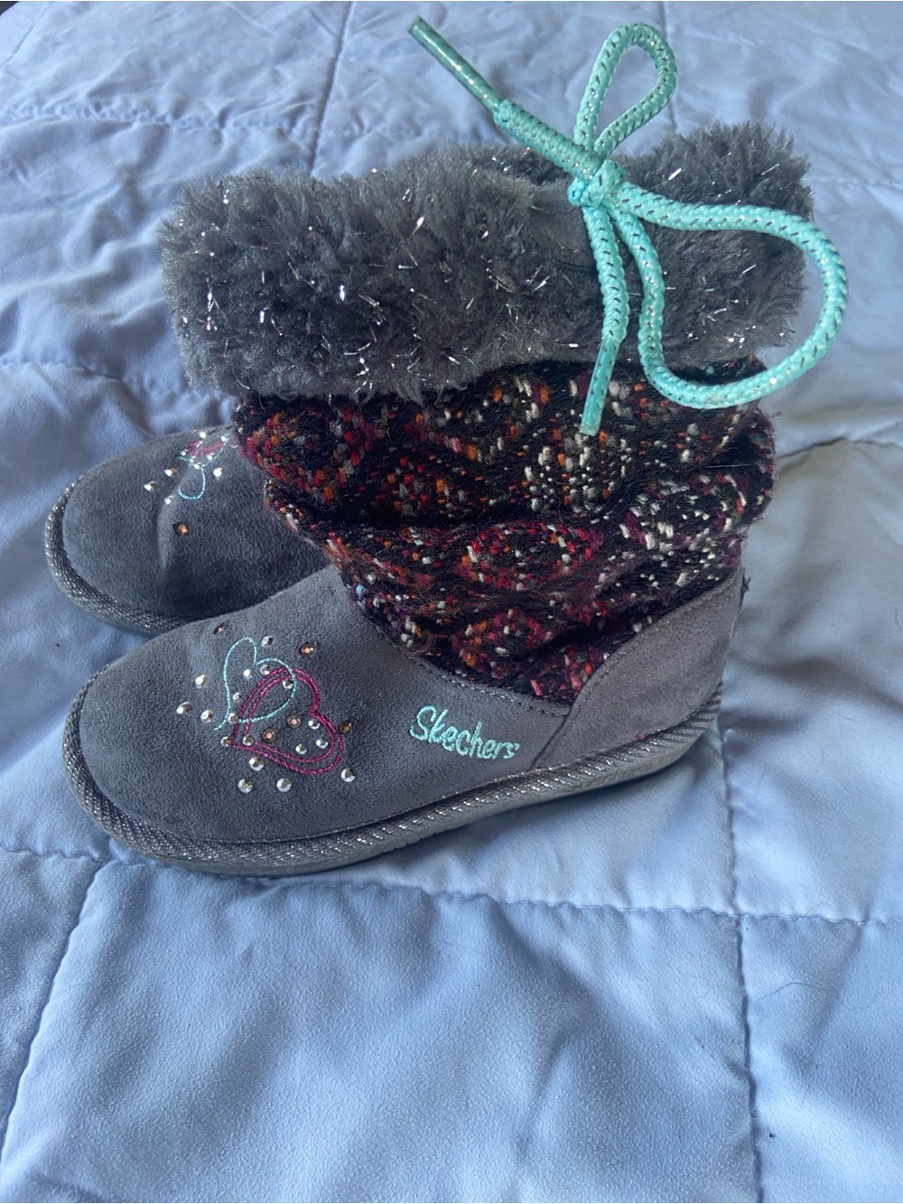 Sketcher Twinkle Toes Light Up Kids Winter Boots~Grey Knit w/Faux Fur Trim